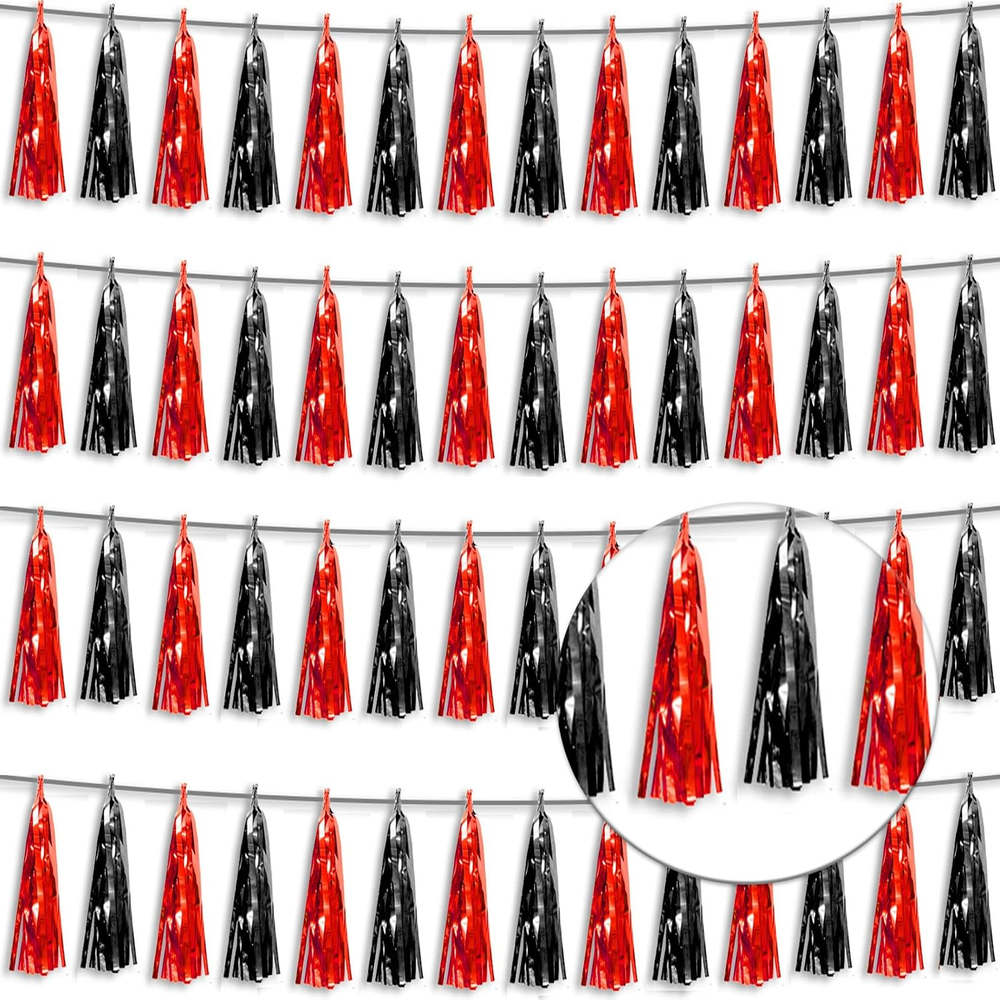 4P Black Red Foil Fringe Tassel Banner Garland Metallic Tinsel Streamers Wall Ha