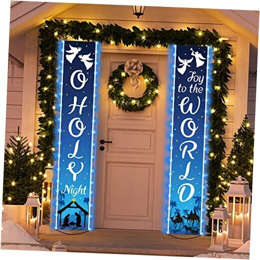 LED Holy Night Nativity Christmas Porch Sign with Lighted Door Banners
