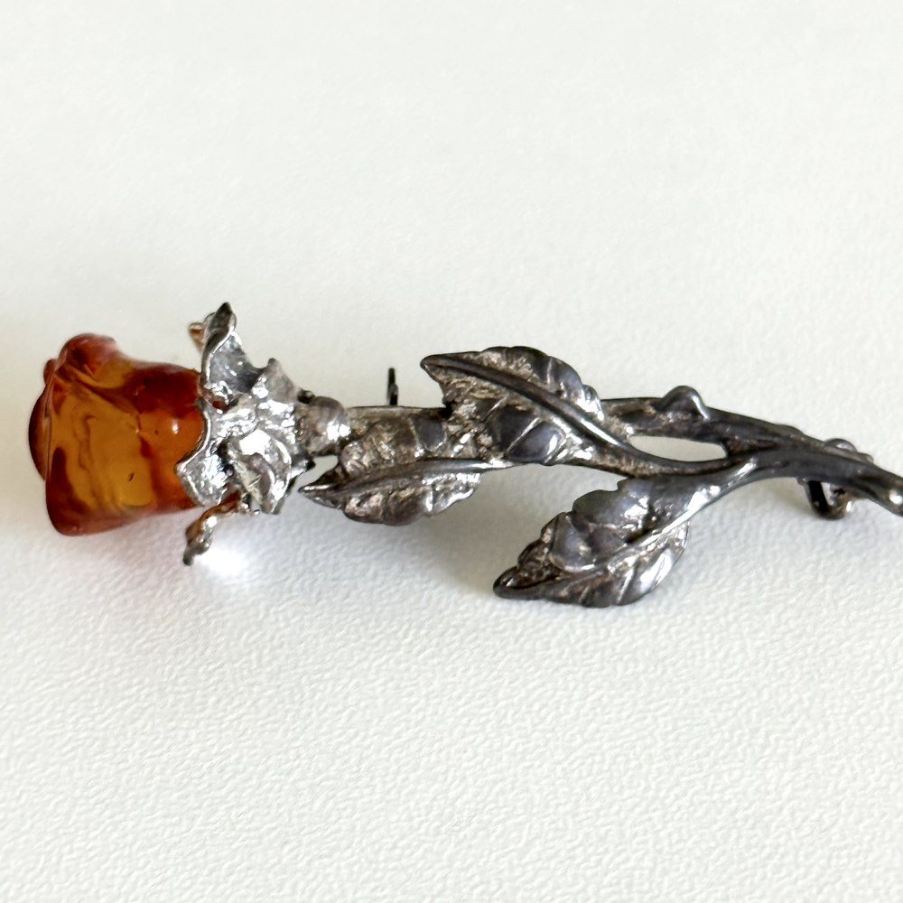 Vintage 925 Sterling Silver Baltic Amber Carved Rose Flower Brooch Pin