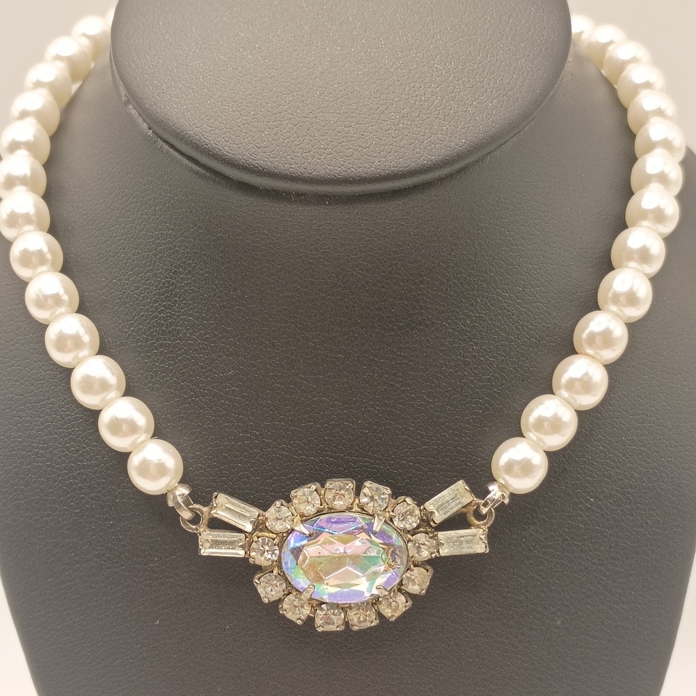Vintage Faux Pearl Aurora Borealis Rhinestone Necklace Bridal Prom Coquette 16