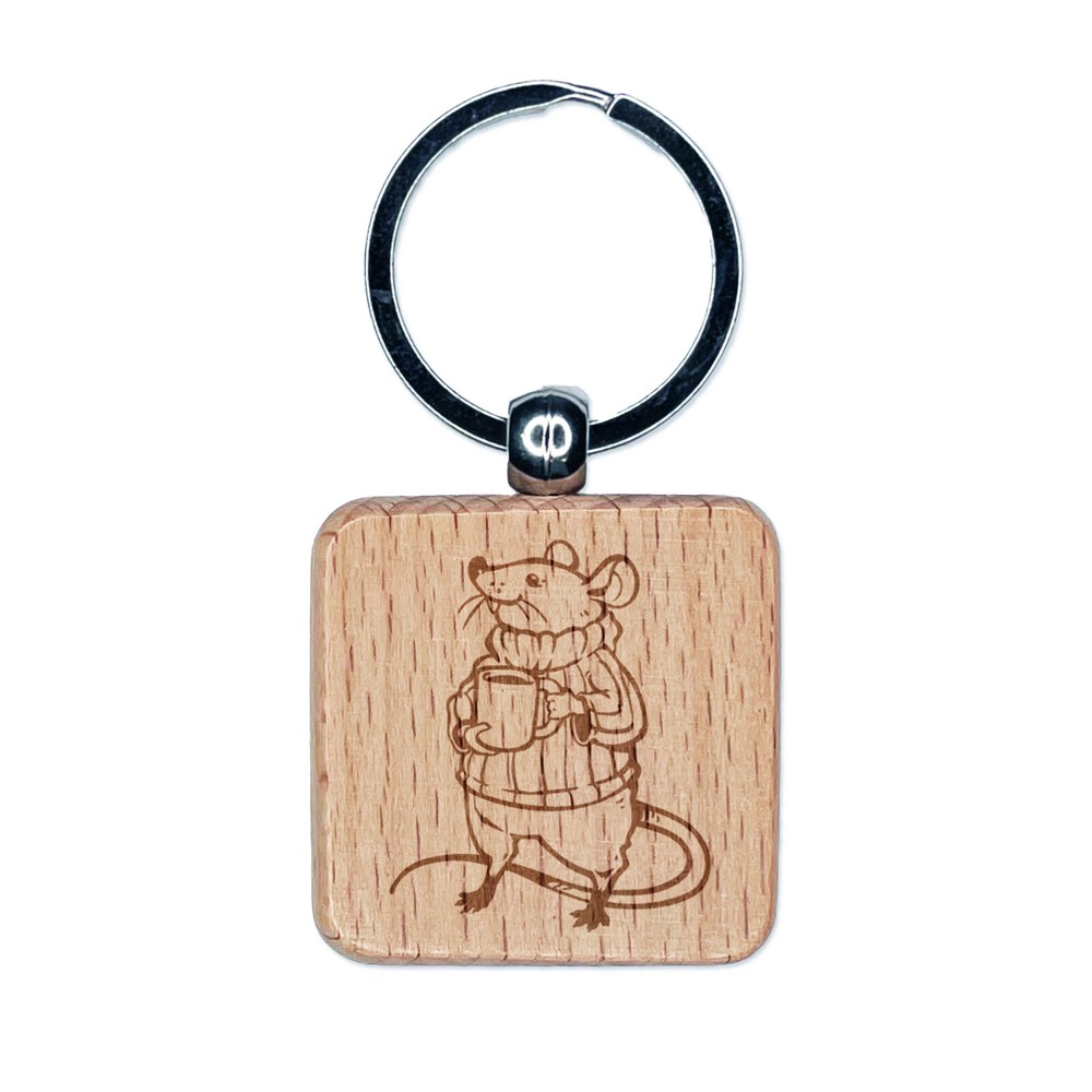 Cozy Sweater Mouse Mug Engraved Wood Keychain Charm  