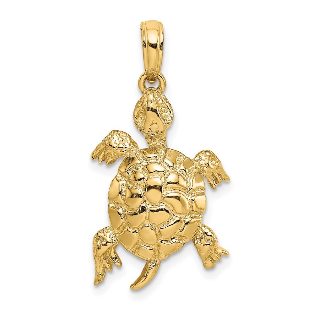14K Yellow Gold Polished and Textured Turtle Charm Pendant L-20.3 mm, W-14 mm