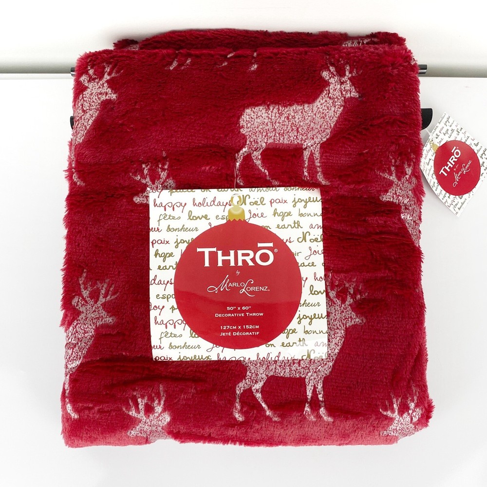 Thro Marlo Lorenz Reindeer Print Blanket Throw Red and Silver