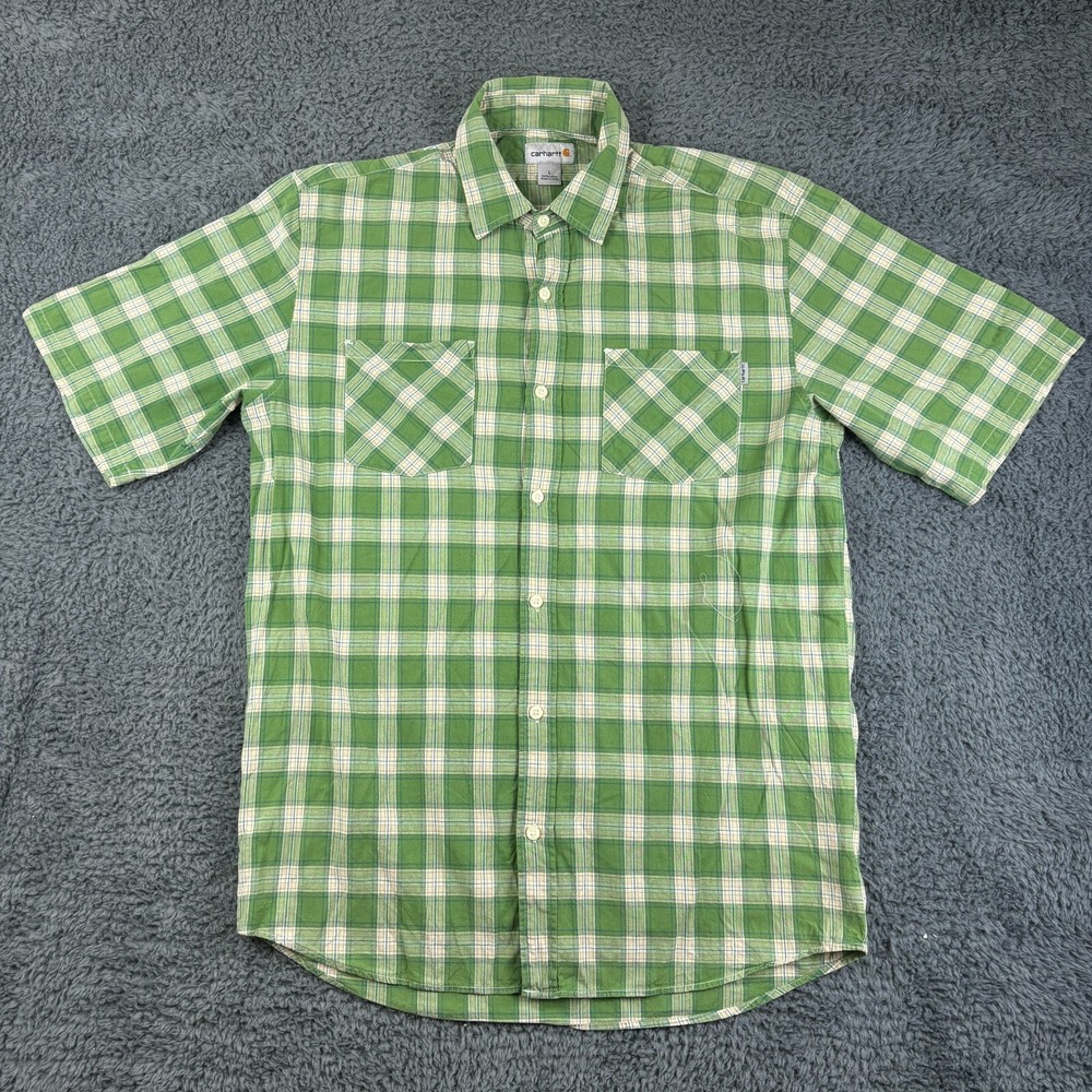 Carhartt Overshirt Men Large Green Check Short Sleeve Button Up Oversize Utility