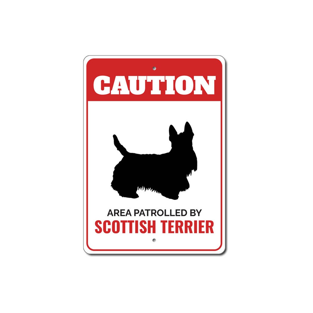 Patrolled By Scottish Terrier Caution Metal Sign Dog Kennel Breed Canine K9 Paw