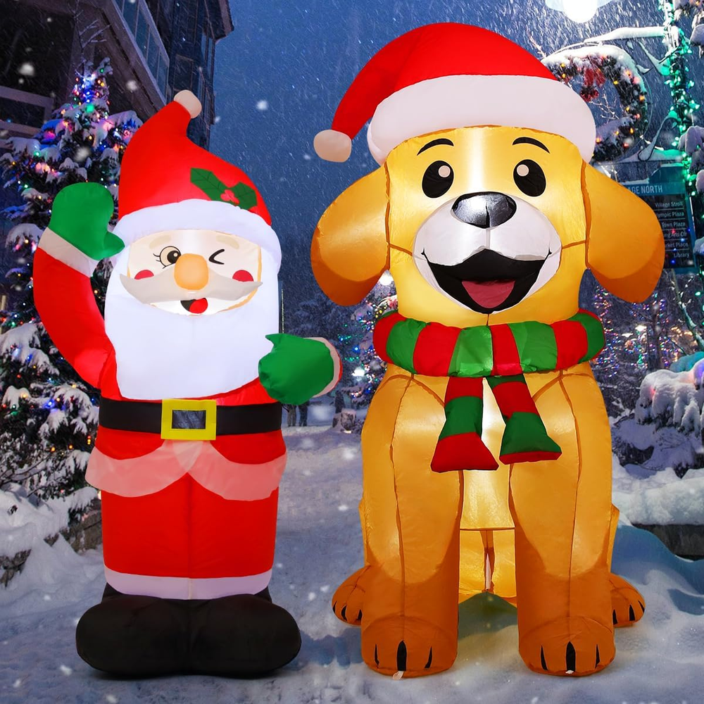 Christmas Inflatables Santa Golden Retriever Outdoor Decorations Blow up Decor