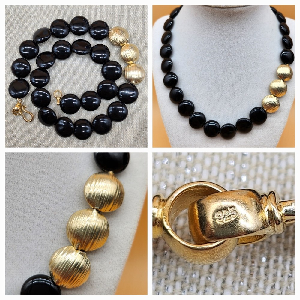 Black Onyx Gilt Sterling Silver 925 Beaded Necklace in Excellent Condition