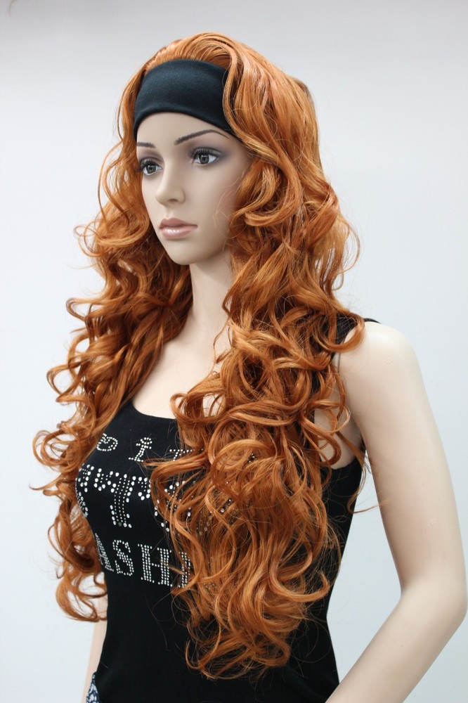 Fashion Orange Brown 3/4 Wig With Headband Curly Long Synthetic Women's Half Wig