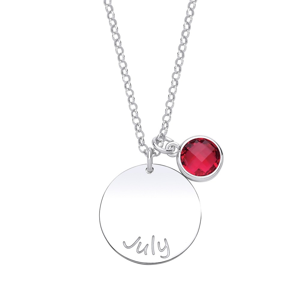 Silver Jewelco London Red CZ Birthstone July Round Tag Necklace 16