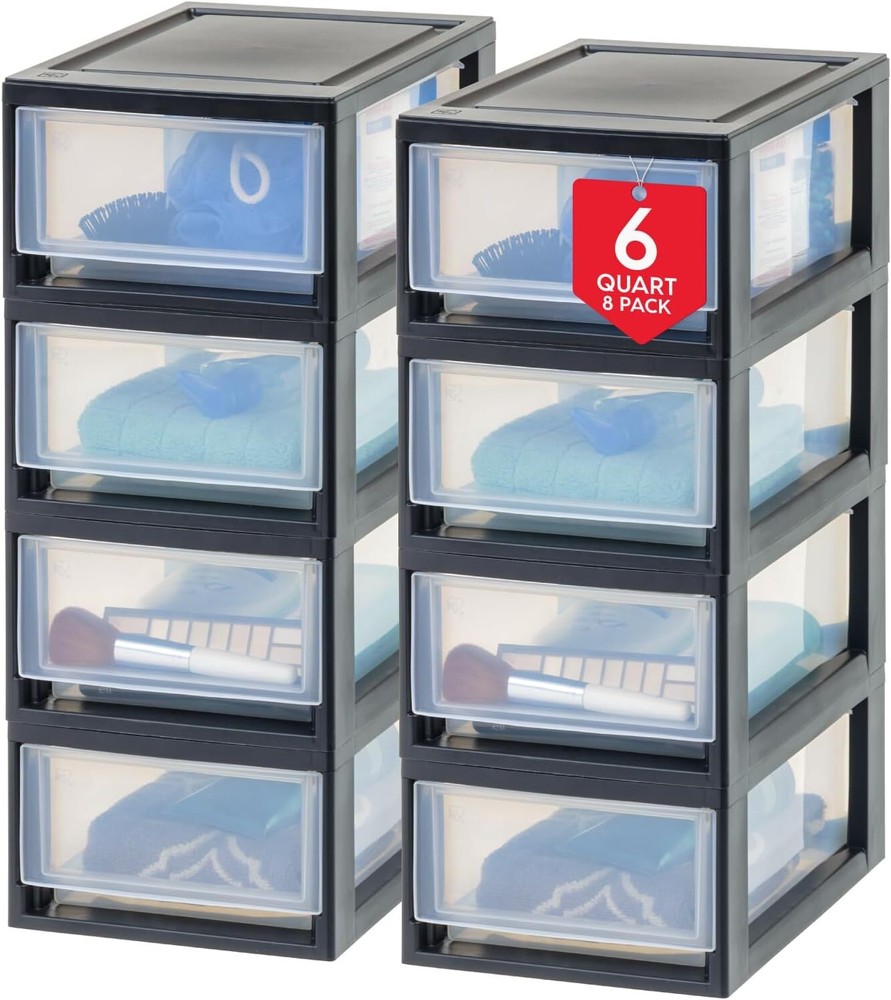 6 Qt. Plastic Drawer Storage Organizer Stacking Drawers, 8-Pack, Black