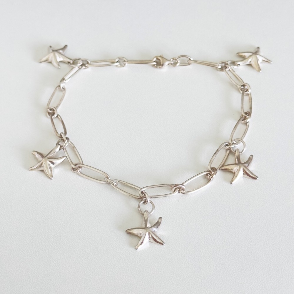 925 Sterling Silver Starfish Charm Paperclip Chain Link Bracelet Anklet 9.5
