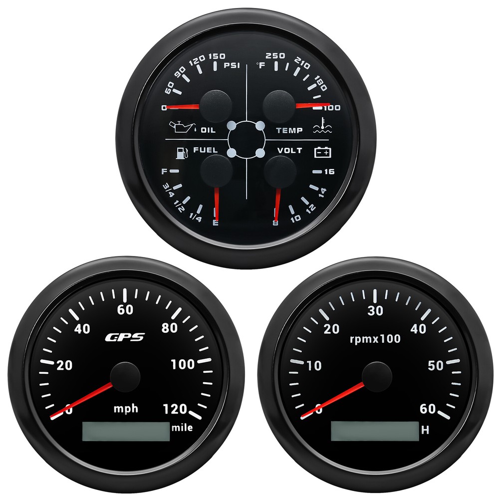 85mm 3-Gauge Set GPS Speedometer 120MPH Tachometer 4-in-1 Fuel Gauge for Boats and Cars
