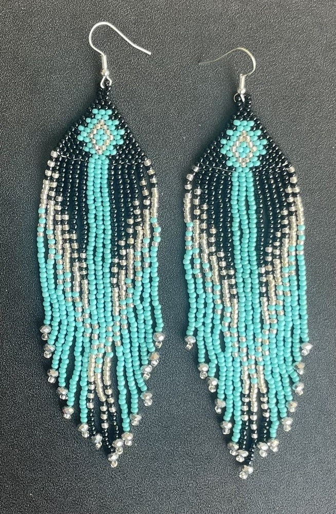 Boho Western Black Turquoise Silver Seed Bead Fringe Tassel Long Earrings