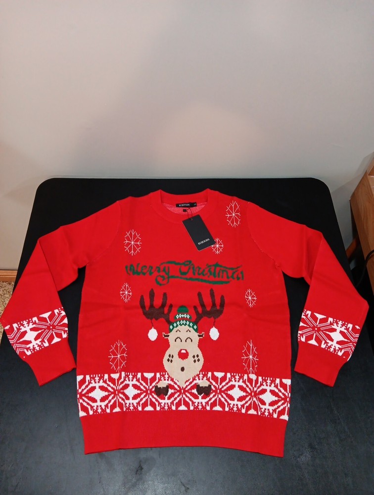 KOJOOIN Women's Ugly Christmas Reindeer Snowflake Sweater, Red, Large NWT