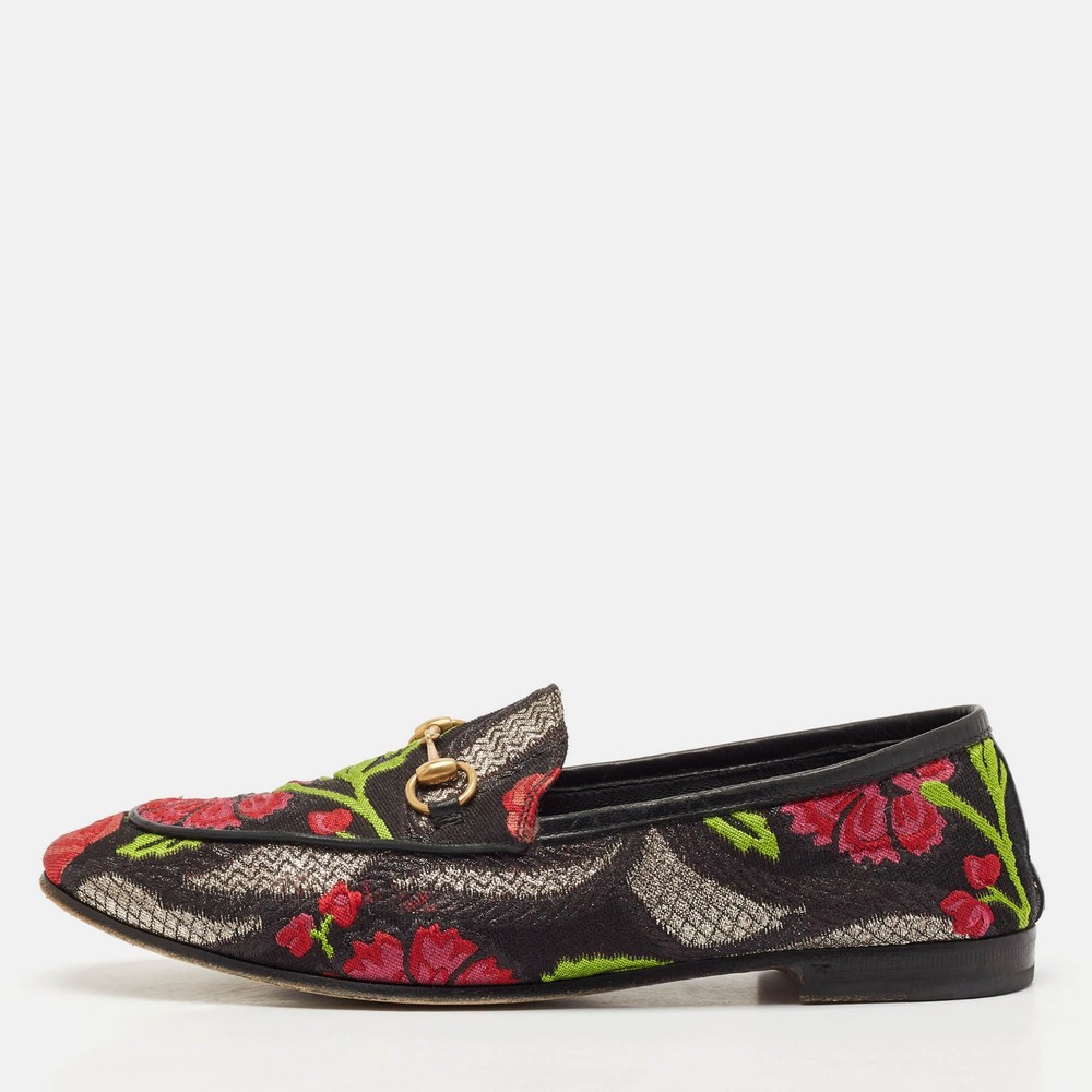 Gucci Multicolor Lurex Embroidered Flower Jordaan Loafers Size 39
