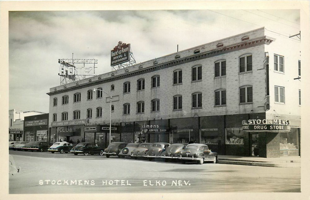 1940s Elko Nevada Stockmens Hotel occupation autos Drug RPPC Postcard 25-10164