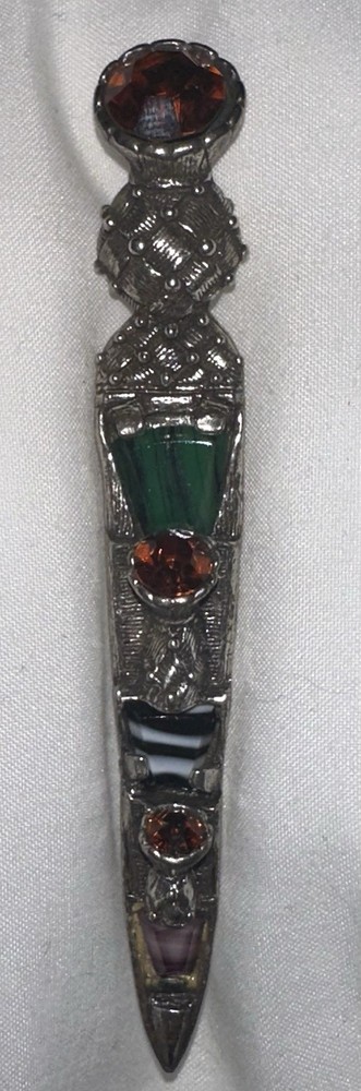 Miracle Celtic Dagger Multicolor Vintage Brooch Silver Tone Metal Stone