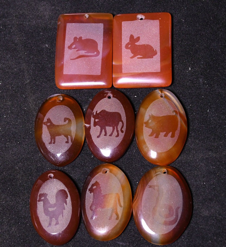 3.5CM Collect China Agate Onyx Carved 12 Zodiac Year Animal Amulet Pendant Set