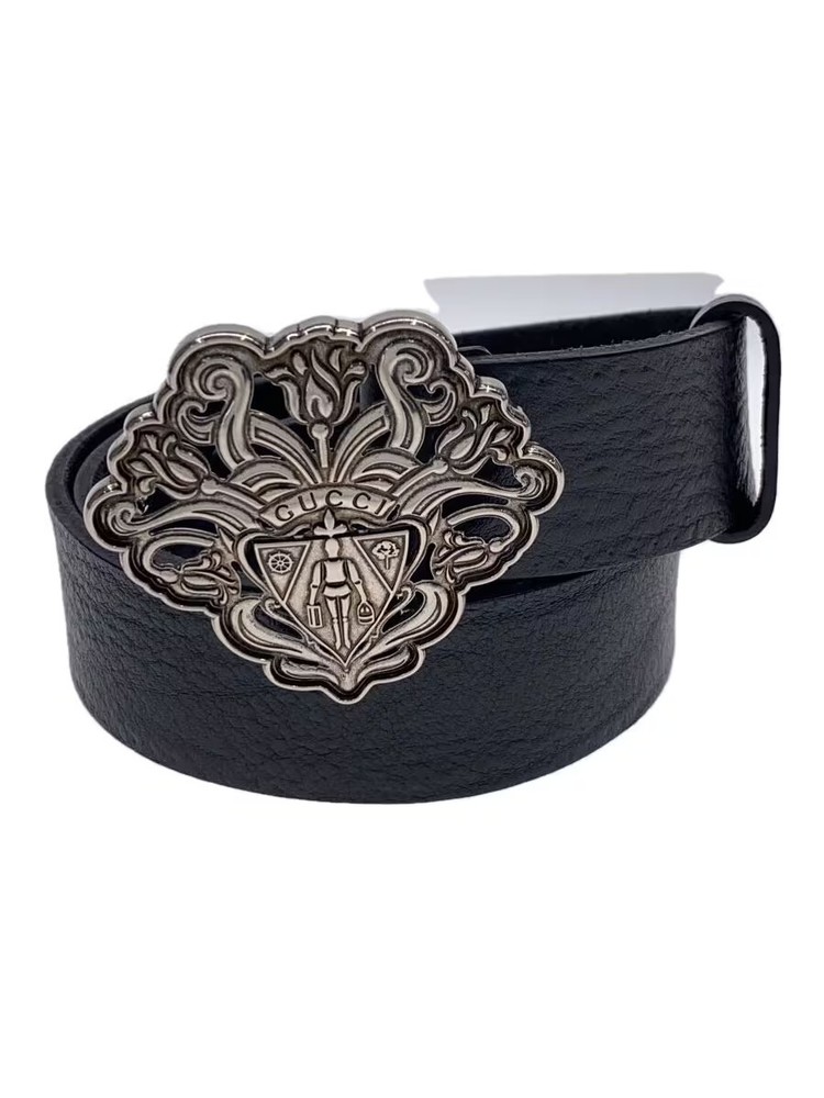 GUCCI Men's Black Leather Crest Buckle Belt 268236 90cm 480199