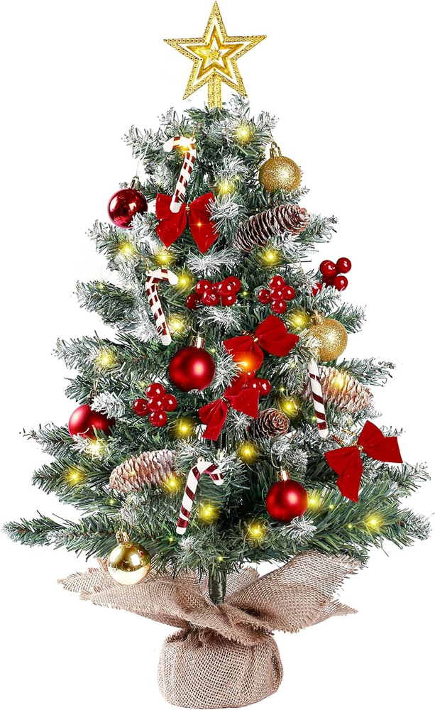 Sggvecsy 23.6’’ Mini Snow Frosted Christmas Tree Table Top Lighted Artificial Xm