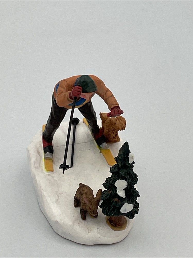 Vintage Lemax Skier Tumbles Over Tree with Rabbit and Squirrel A1