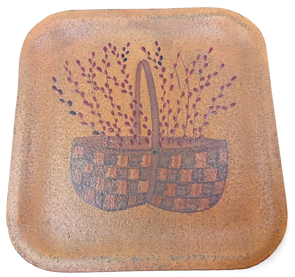 Hearthside Primitive Basket Wood Plate Tan Brown Black Floral Square Donna White