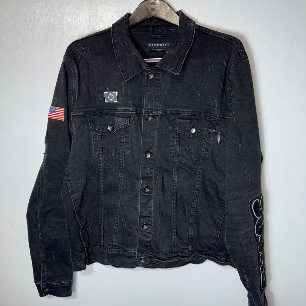 Eternity BC/AD Black Denim Jacket Squad Patch Distressed Button Front Size 2XL