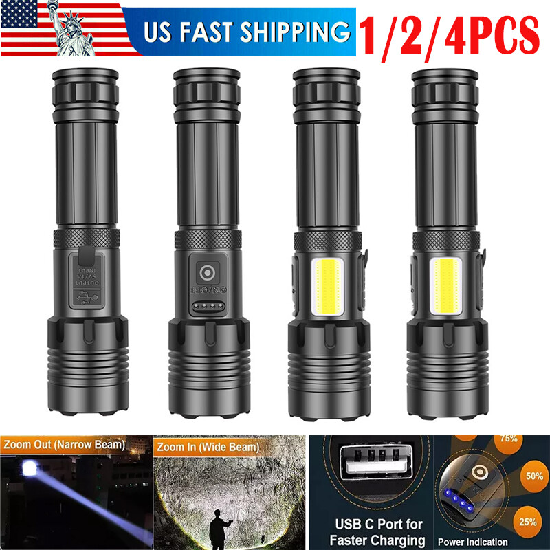1-4PC Super Bright 5000000LM 7Mode Dimmable Flashlight LED Rechargeable Tactical