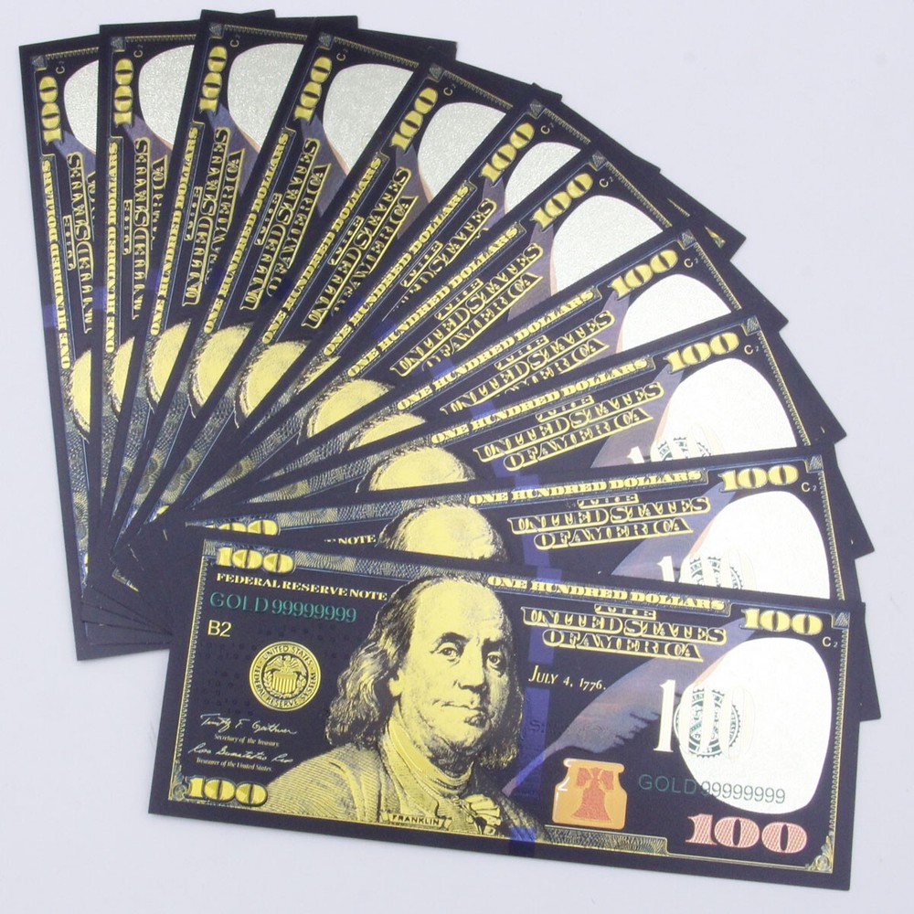 Lot 10 Pcs Black Gold Banknote New 100 US dollar Paper Money Crafts Game Prop