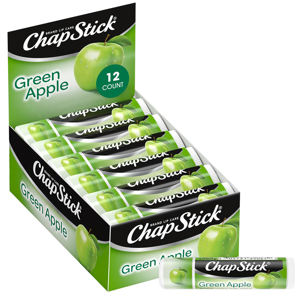 ChapStick Green Apple Lip Balm, 12-Pack, 0.15 Oz Each, Bulk Moisturizer