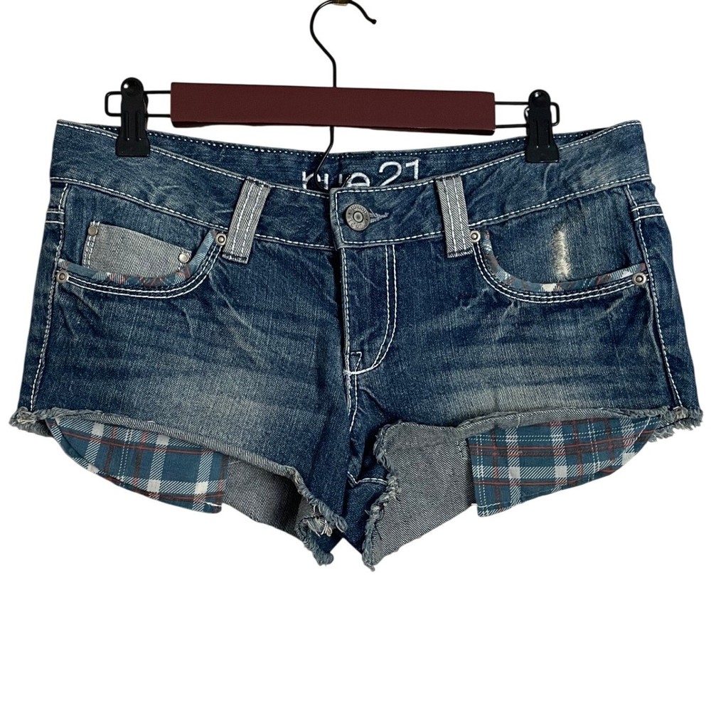 VTG Y2K Rue 21 Blue Denim Low Rise Frayed Hem Plaid Pocket Micro Mini Shorts 5/6