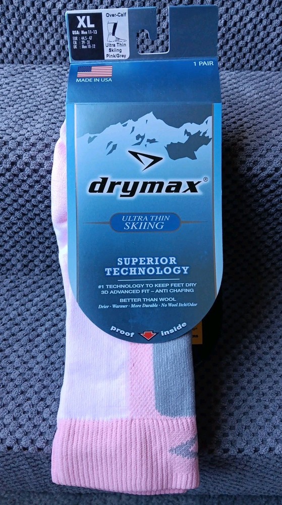 NWT Drymax Ultra Thin Skiing Moisture Wicking Sock Men's US 11-13 Pink/Gray USA