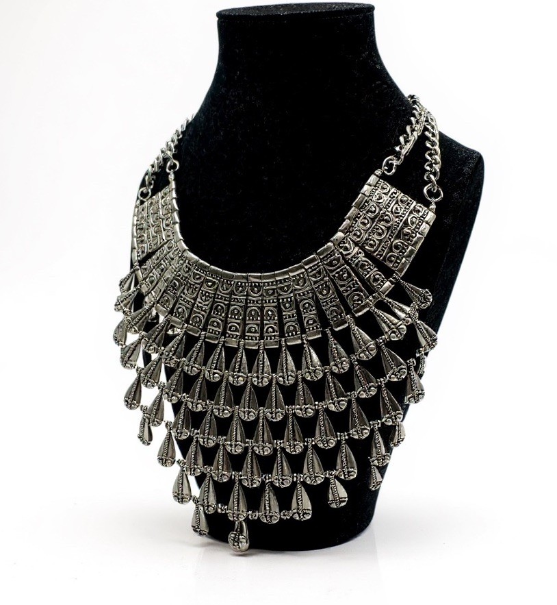 Vintage Bohemian Egyptian Revival Statement Necklace Silver Tone Bib Statement