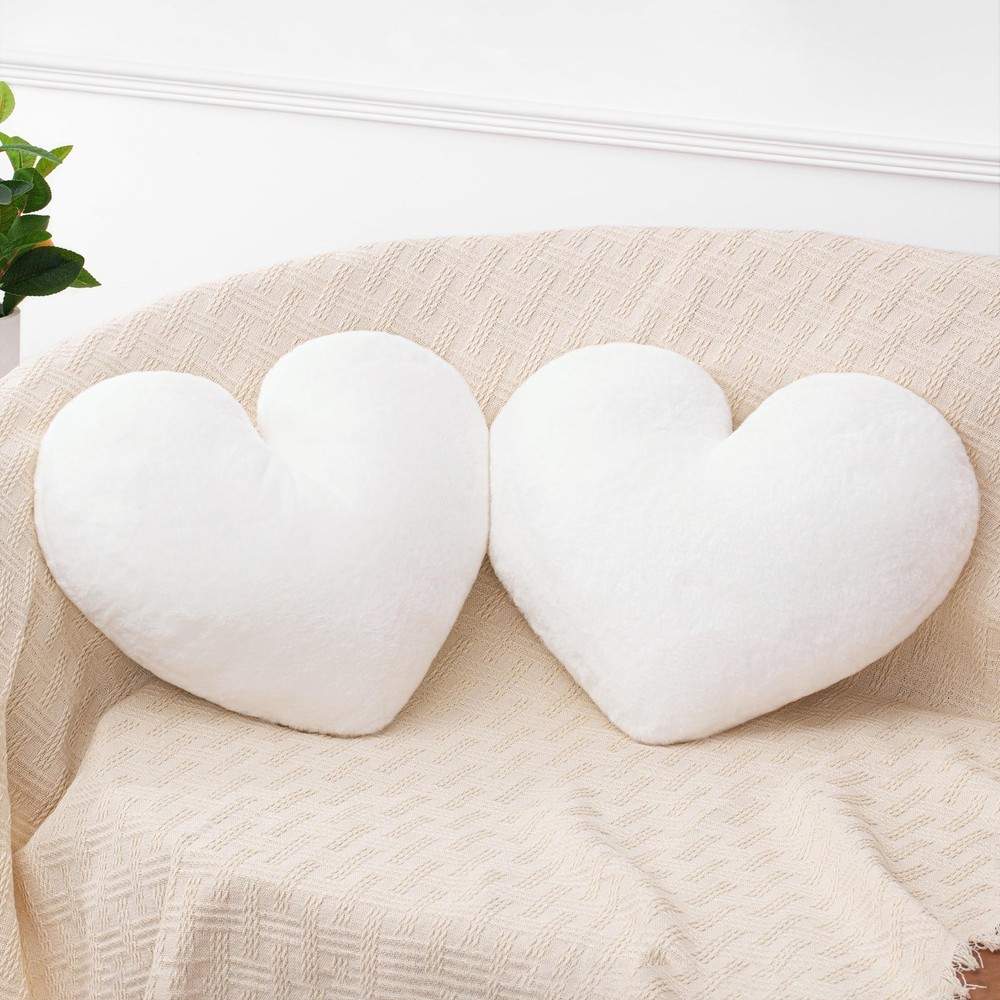 Best 2 Pcs White Heart Pillow Decorative Throw Pillows 16-inch Cute Soft Fluffy