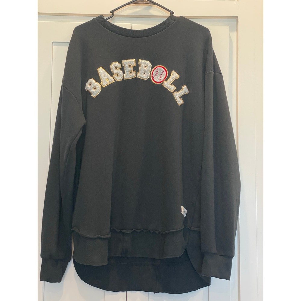 August Bleu preppy black chenille patch baseball sweatshirt size Large