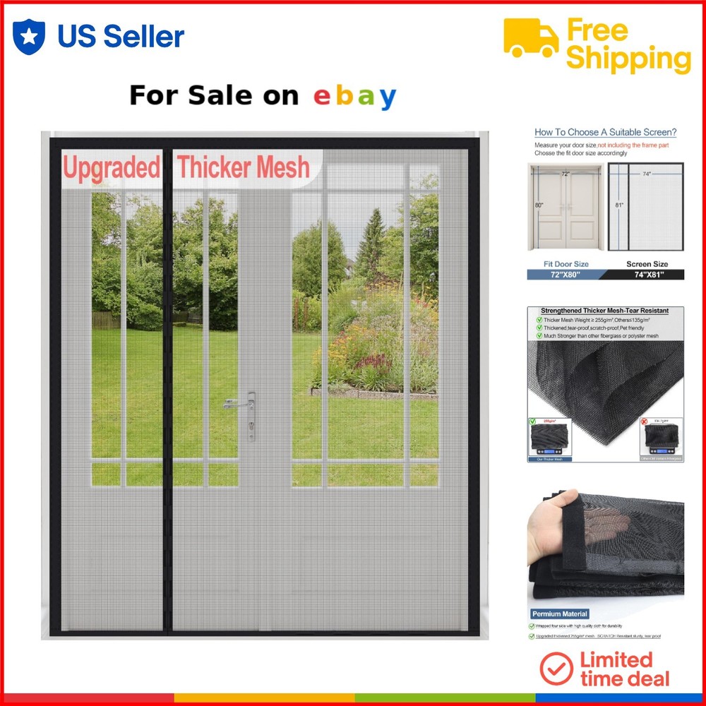 Reversible Heavy Duty Magnetic Screen Door 72x80 Reinforced Mesh