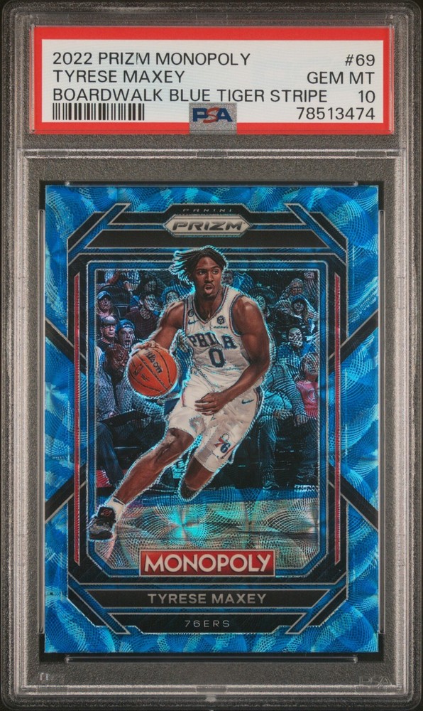 2022 Prizm Monopoly Tyrese Maxey #69 Boardwalk Blue Tiger Stripe PSA 10 💎💎💎💎
