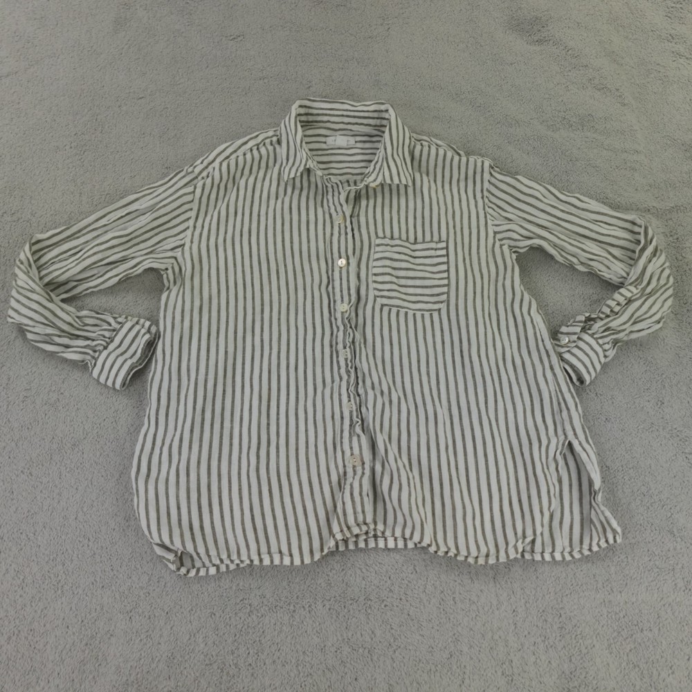 J Jill Linen Top Womens Small Petite White Green Striped