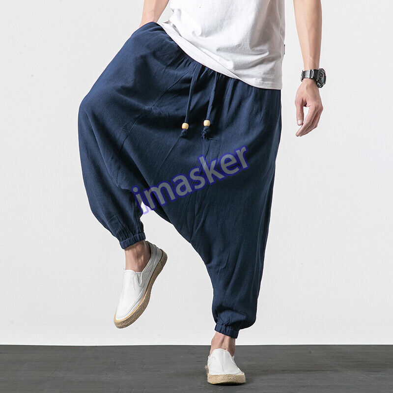Men's Chinese Style Cotton Linen Low Crotch Trousers Pants Casual Ethnic Pants
