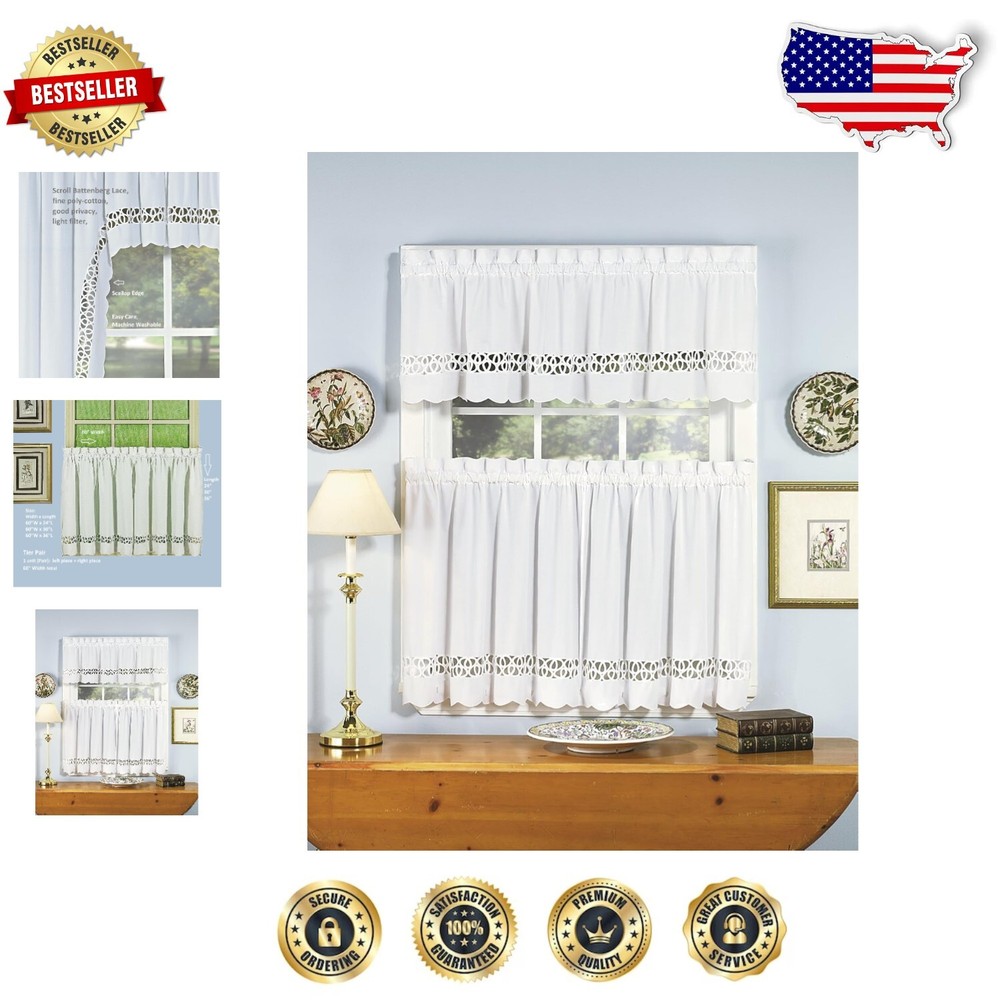 60-Inch Wide White Tier Curtains with Scalloped Edge for Elegant Home Decor