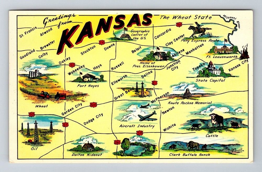KS-Kansas, General Greetings, The Wheat State, Landmarks, Vintage Postcard
