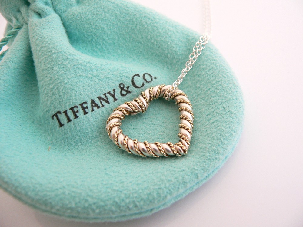 Tiffany & Co Silver Gold Heart Rope Necklace Pendant Charm 19 In Chain Long Gift