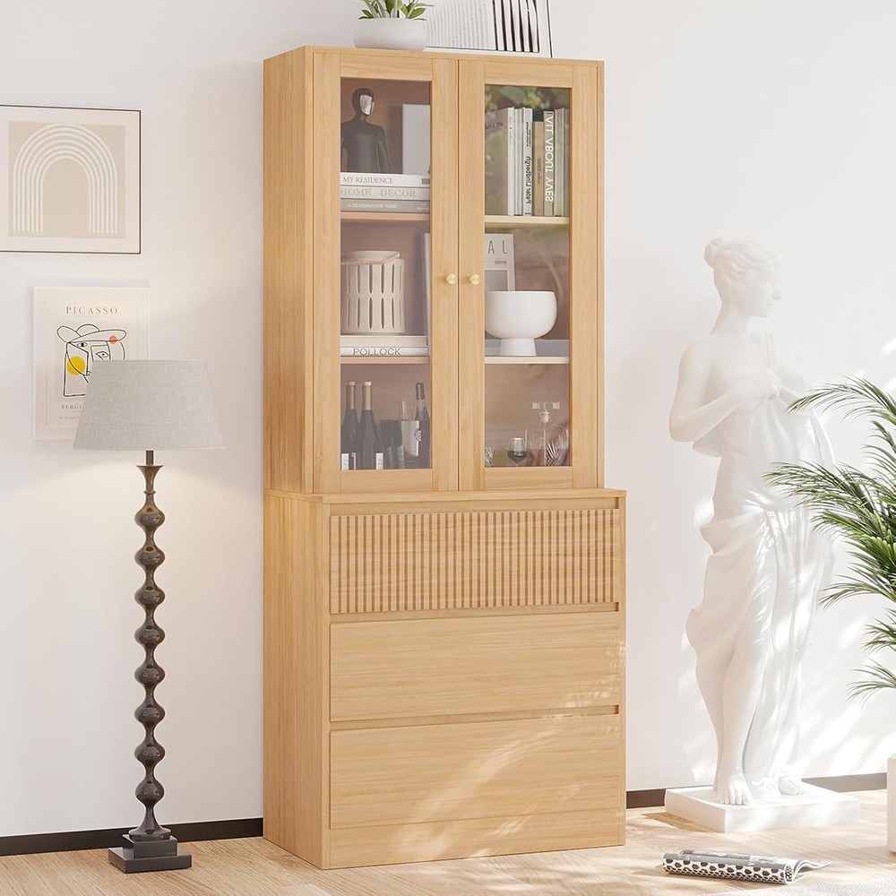 Tall Wood Bookcase Cabinet with 2 Tempered Glass Doors - Freestanding Storage