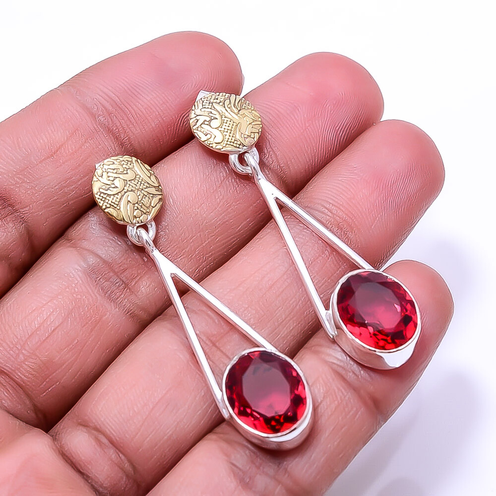 Red Garnet 925 Sterling Silver Two Tone Earring 1.95