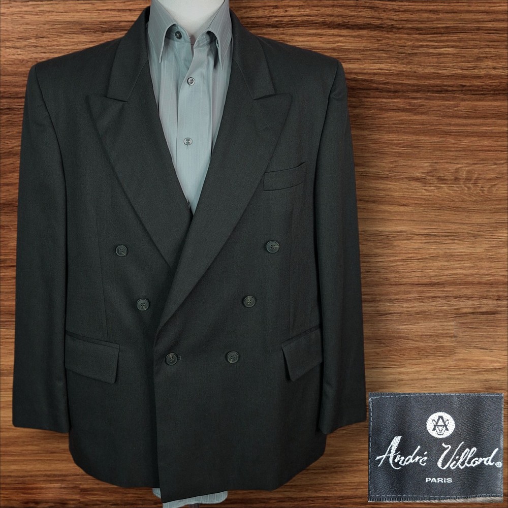 Andre Villard Jacket Blazer Mens 44S Green Gray Double Breasted Wool