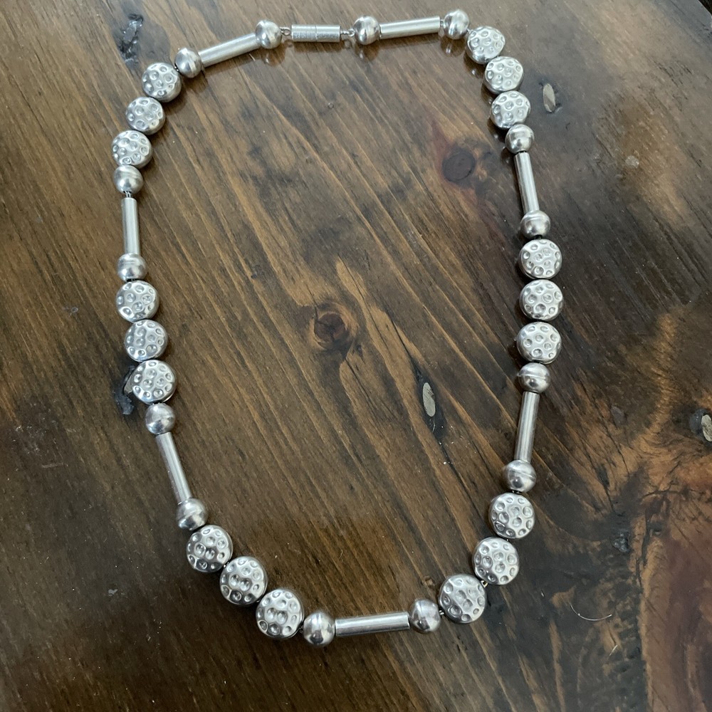 Vintage Sterling Silver 925 Beaded Chain Dimpled Cylinder unisex Necklace Y2K