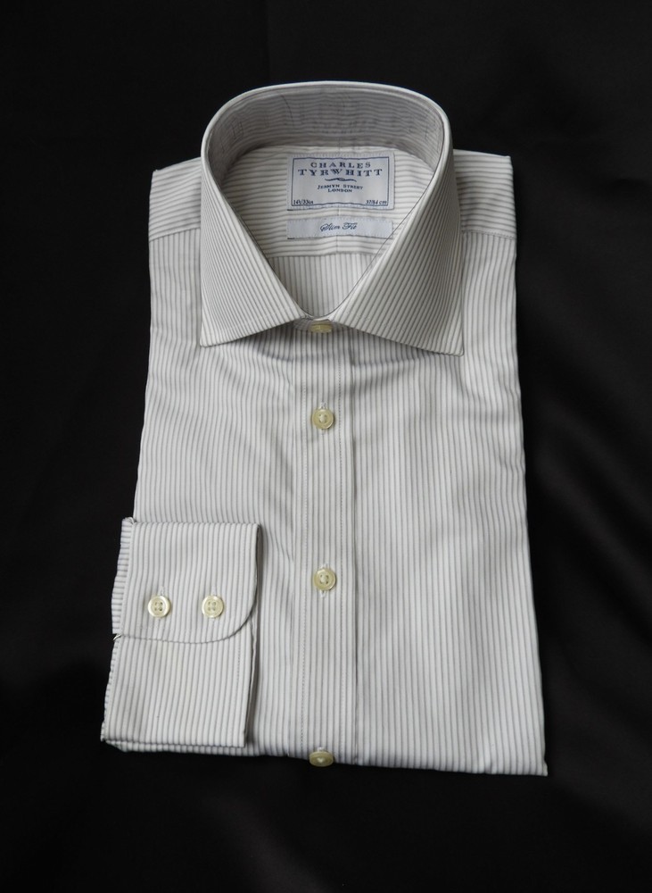 NIP Men's Charles Tyrwhitt White Pin Stripe Dress Shirt Slim Fit Cotton 14.5/33