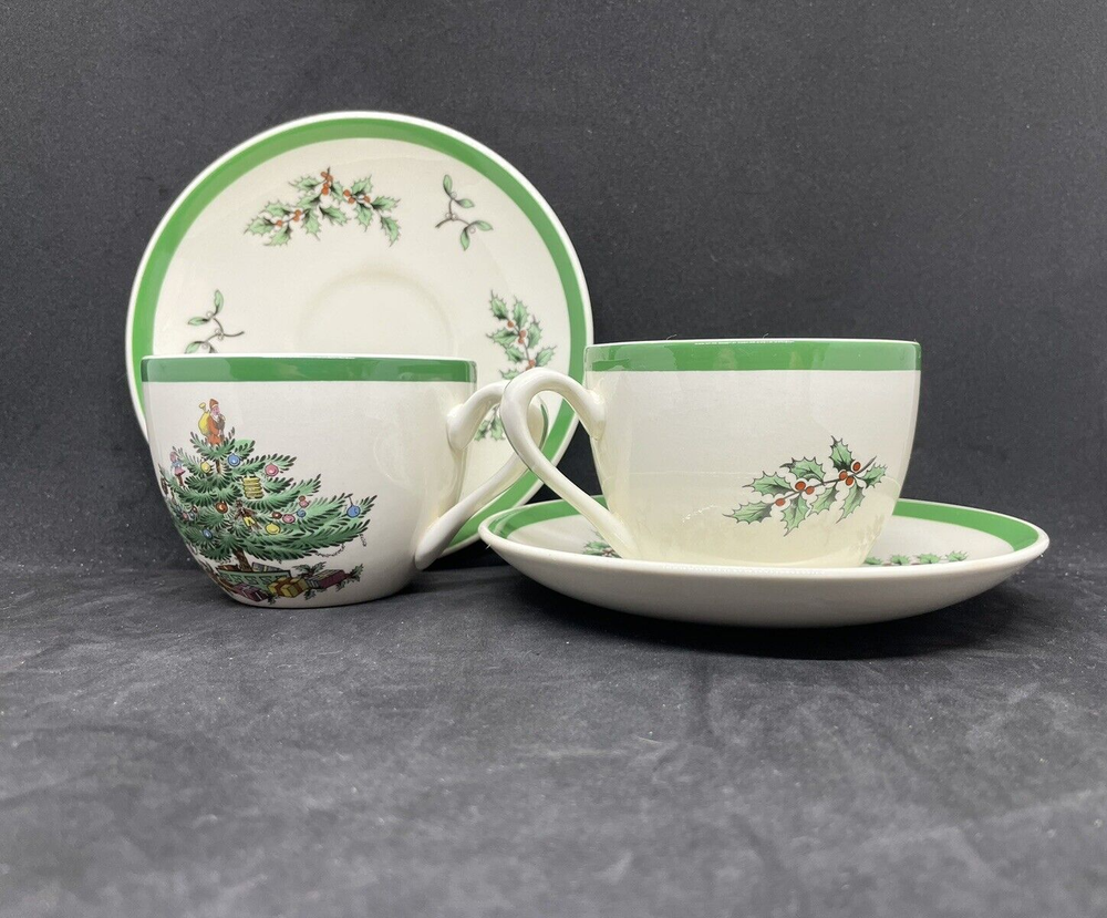 Pair of Vintage Spode Christmas Tree Cup & Saucer Sets, S3324 England