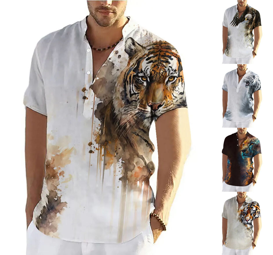 Mens Tiger Lion Design Short Sleeve Casual Animal Graphic Shirt