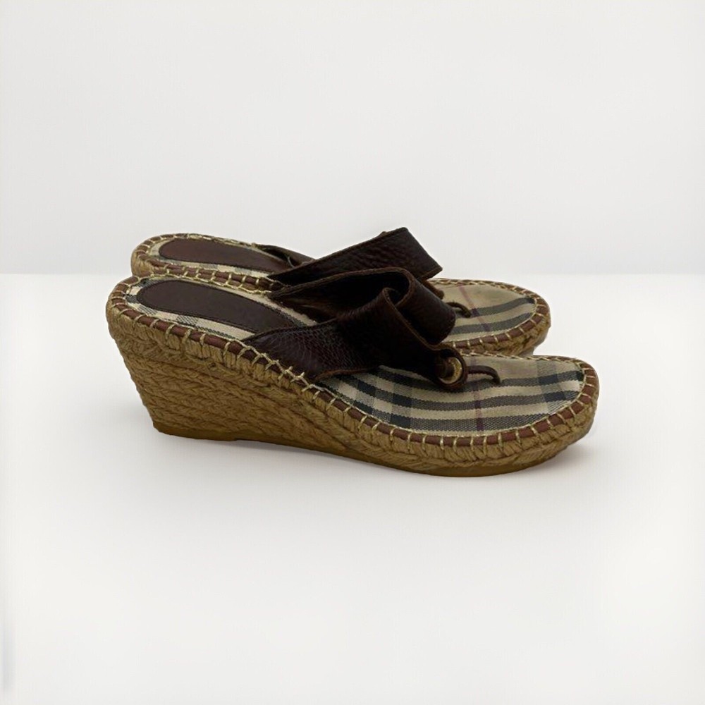 BURBERRY Nova Check Brown Leather Jute Trim Wedge Sandal Espadrilles Sz.39